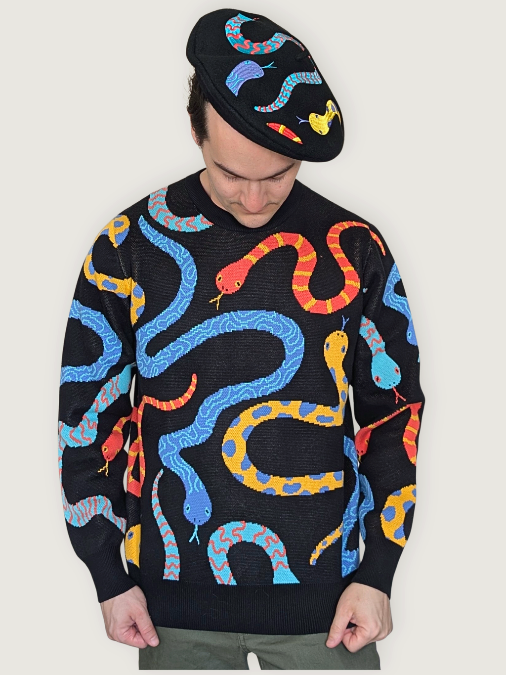 Hissy Fit Beret, black wool with colorful embroidered snakes (view 2)
