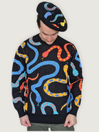 Hissy Fit Beret, black wool with colorful embroidered snakes (view 2)
