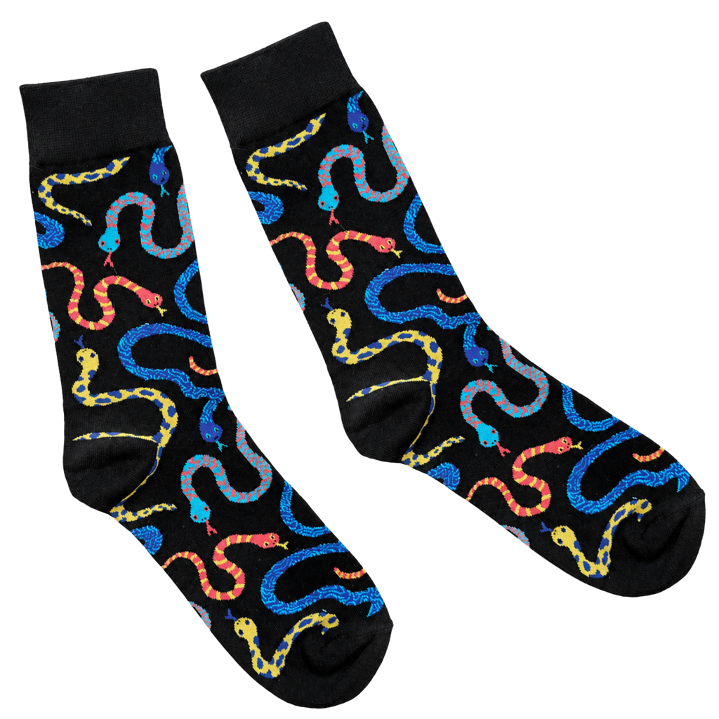 Hissy Fit Socks, black crew socks with a colorful snake print