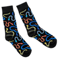 Hissy Fit Socks, black crew socks with a colorful snake print