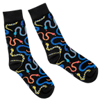 Hissy Fit Socks, black crew socks with a colorful snake print