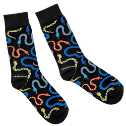 Hissy Fit Socks, black crew socks with a colorful snake print
