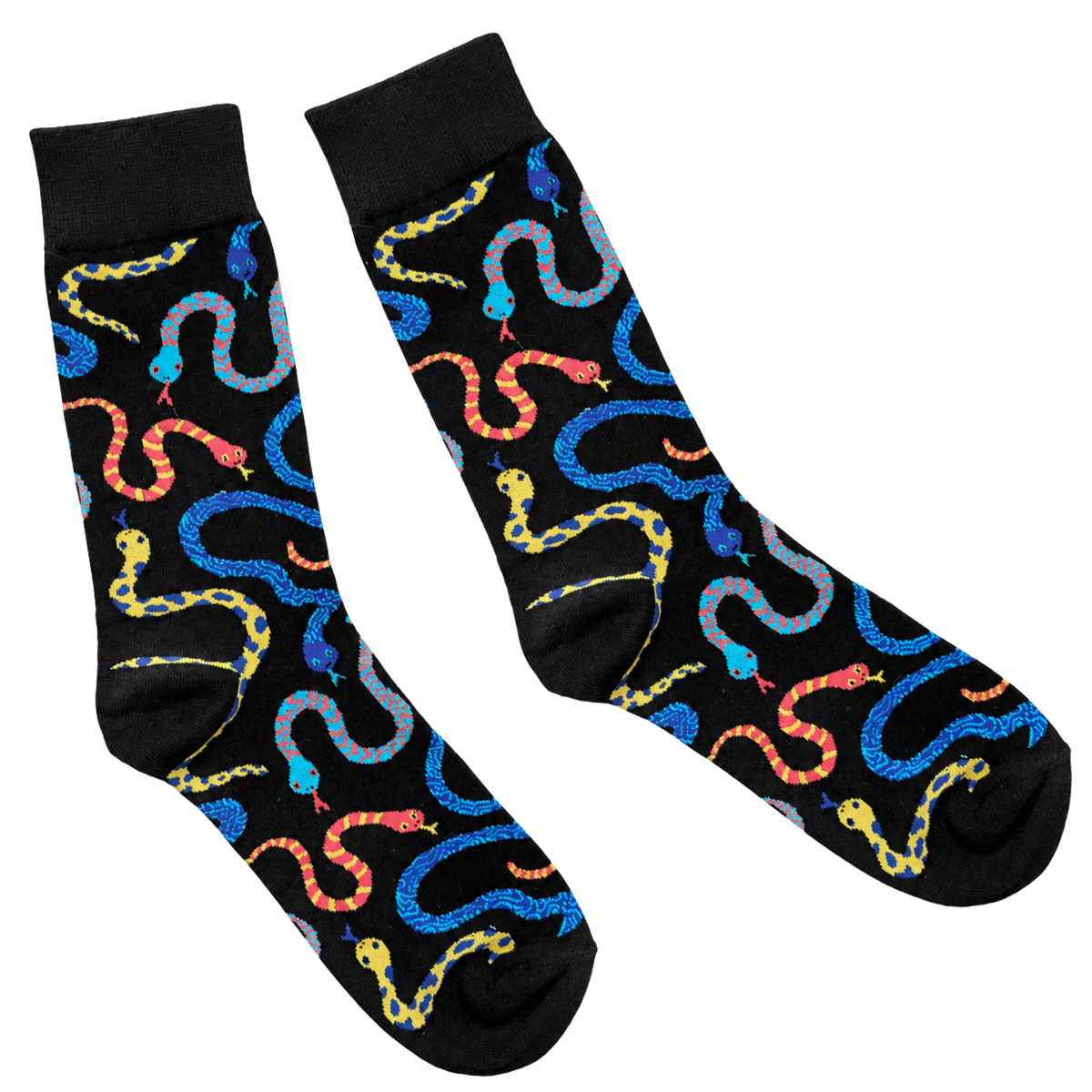 Hissy Fit Socks, black crew socks with a colorful snake print