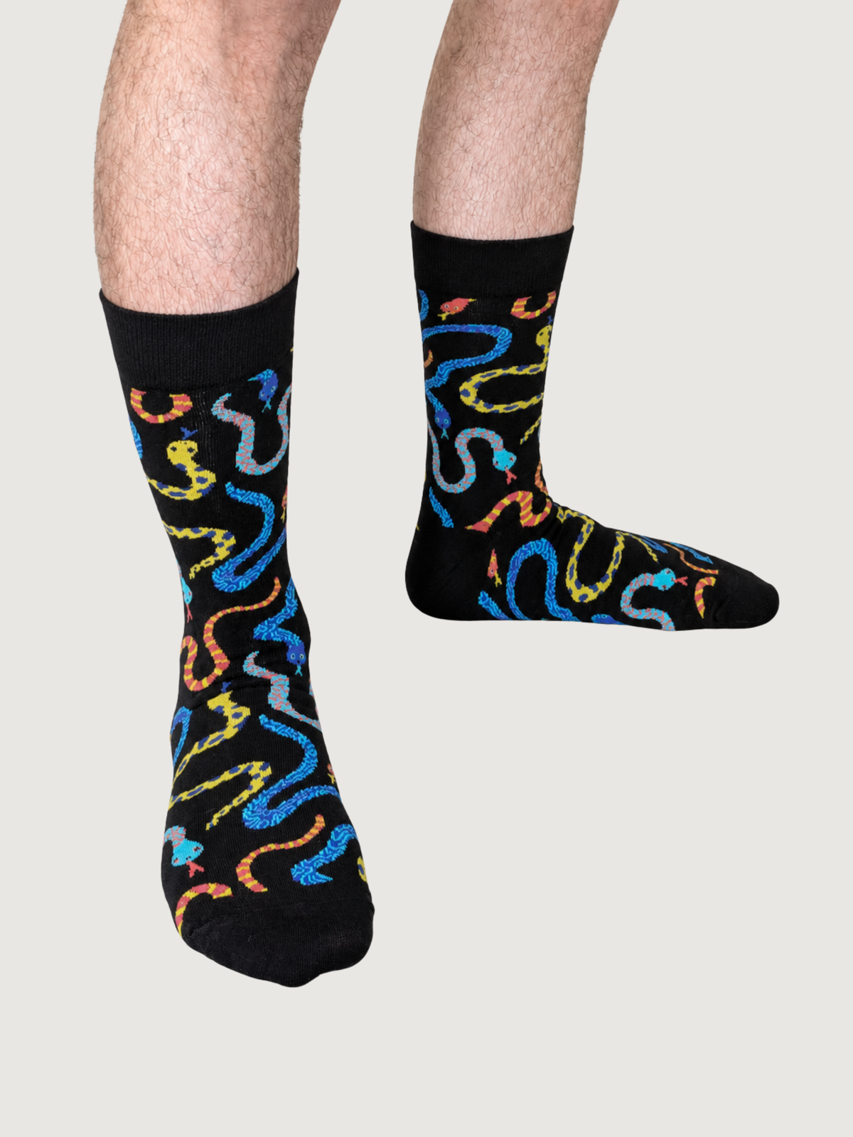 Hissy Fit Socks, black crew socks with a colorful snake print (view 2)
