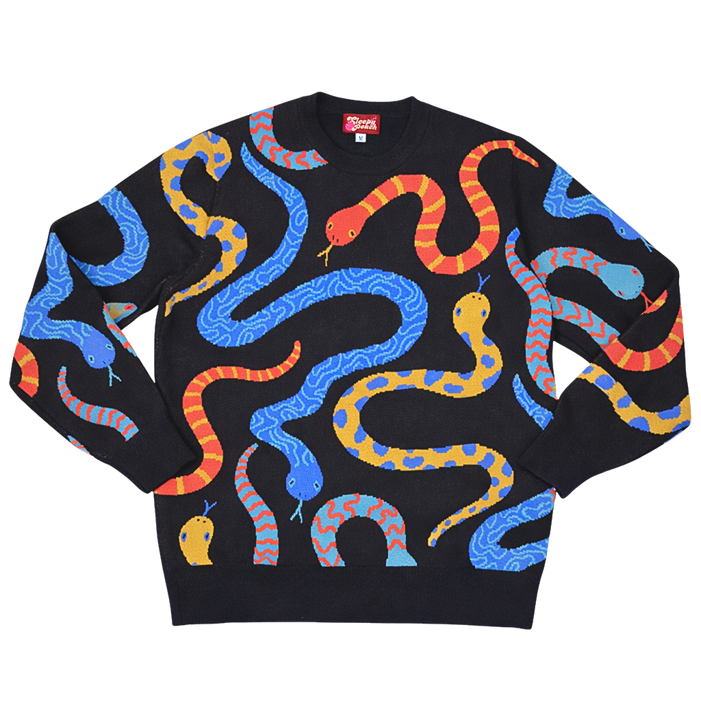 Hissy Fit Sweater, black with allover multicolor snake print