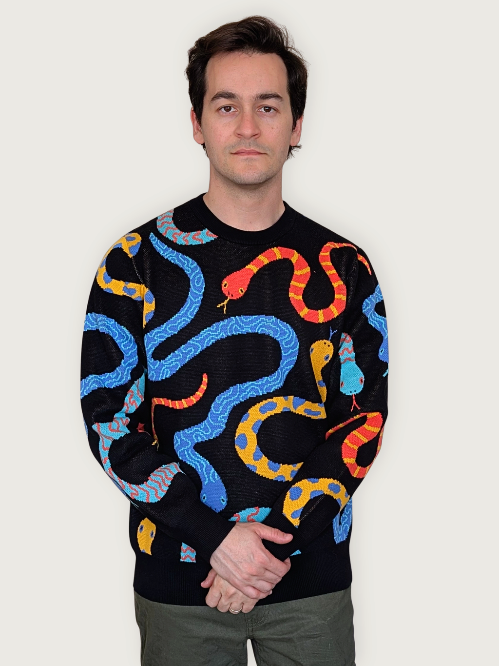 Hissy Fit Sweater, black with allover multicolor snake print (view 3)
