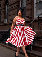 Amalie Ballerina 70's Style Swing Dress in Red and White Mark Stripe