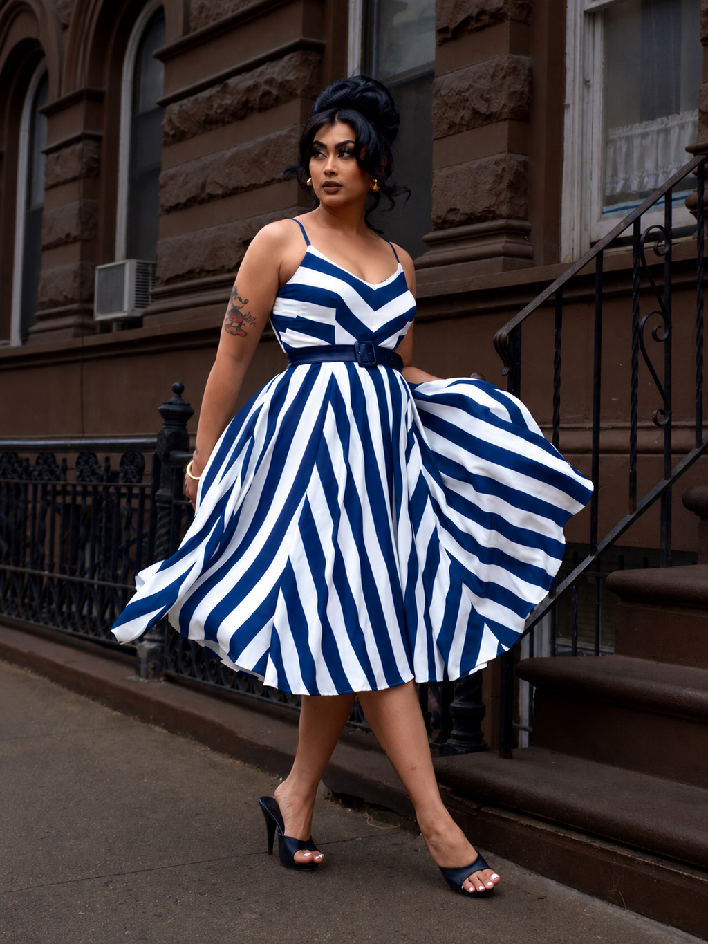 Amalie Ballerina 70's Style Swing Dress in Blue and White Mark Stripe