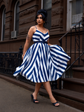 Amalie Ballerina 70's Style Swing Dress in Blue and White Mark Stripe