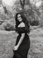 Marie-Therese Peasant Dress with Short Sleeves in Black Poly Crepe