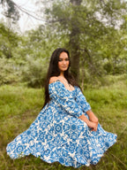 Marie-Therese Peasant Dress in Blue Noto Tile