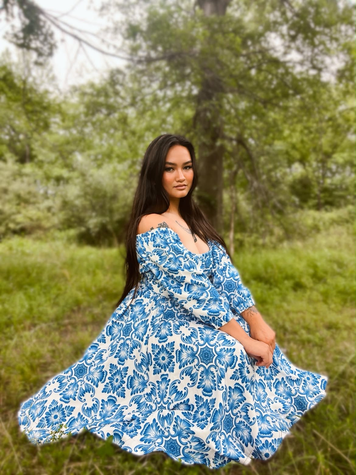 Marie-Therese Peasant Dress in Blue Noto Tile