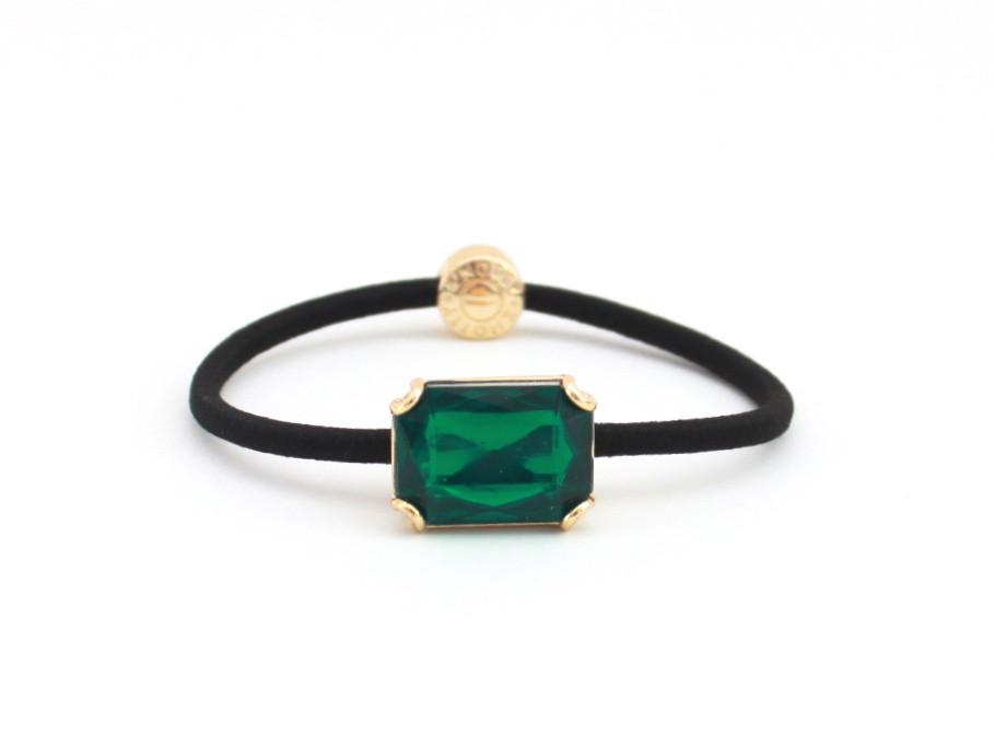 Crown Jewel ponytail hair tie with an emerald green crystal, by Pinup Girl Clothing