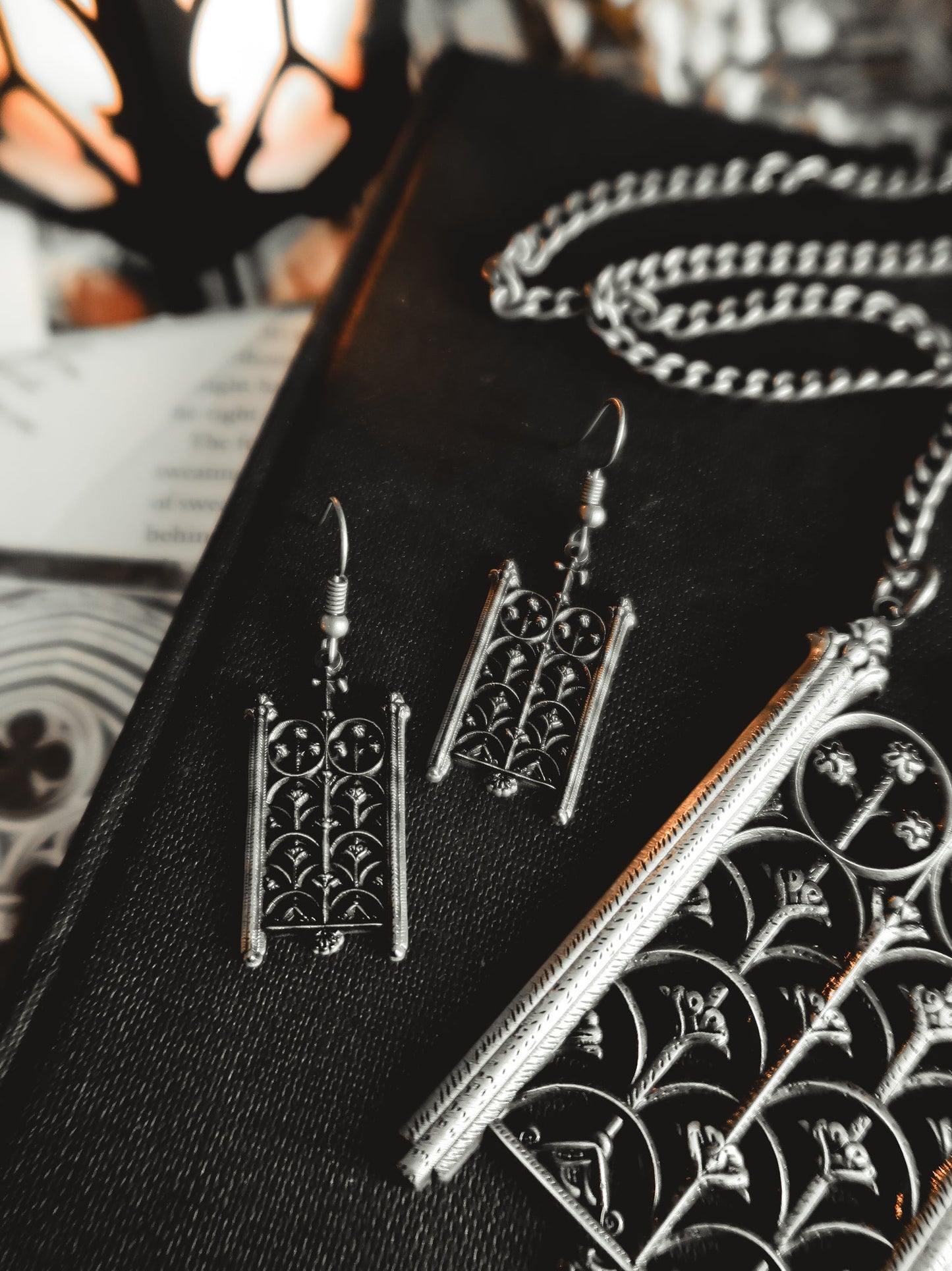 Close-up of the antiqued silver gate detail on the Rotunda Relic earrings, The Pretty Cult