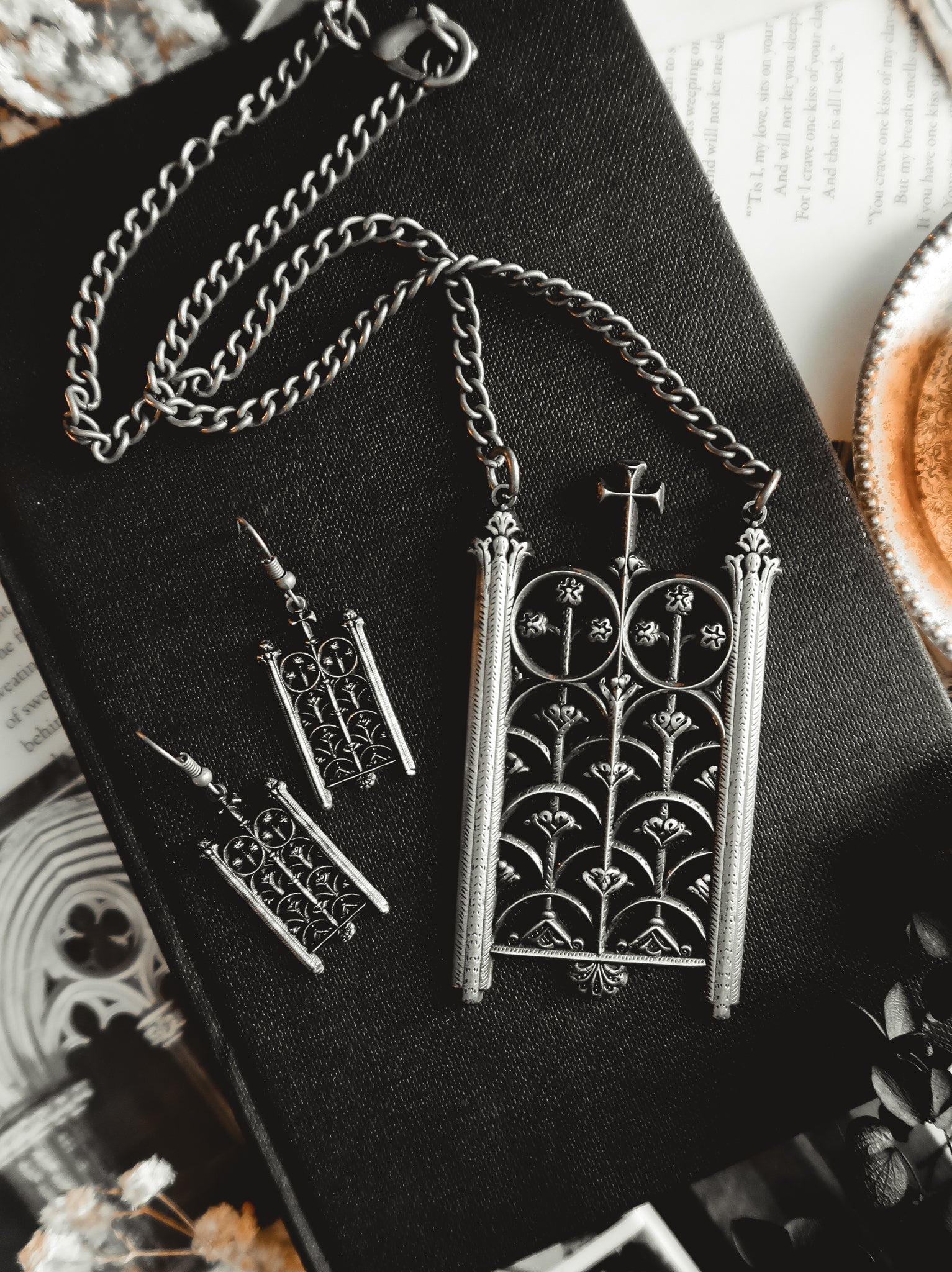 Rotunda Relic antiqued silver earrings against a pale background, The Pretty Cult