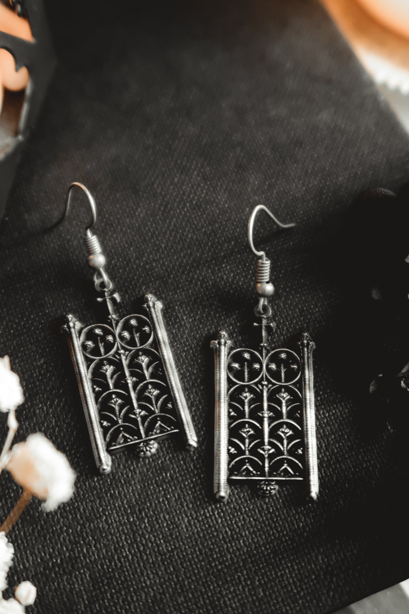 Side view of the Rotunda Relic silver gothic gate earring, The Pretty Cult