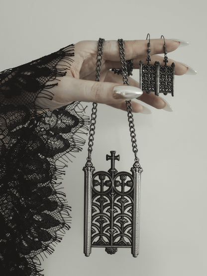 Rotunda Relic antique silver necklace worn with black