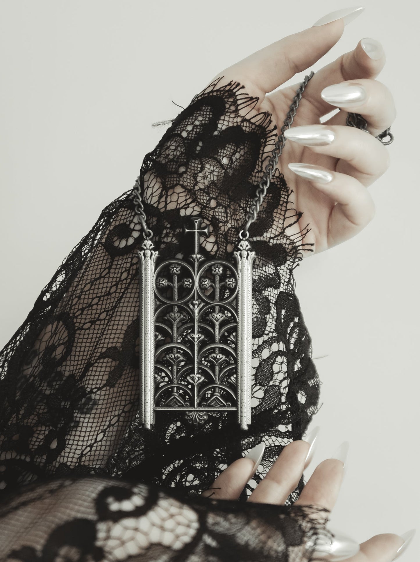 Rotunda Relic antique silver pendant necklace styled on model