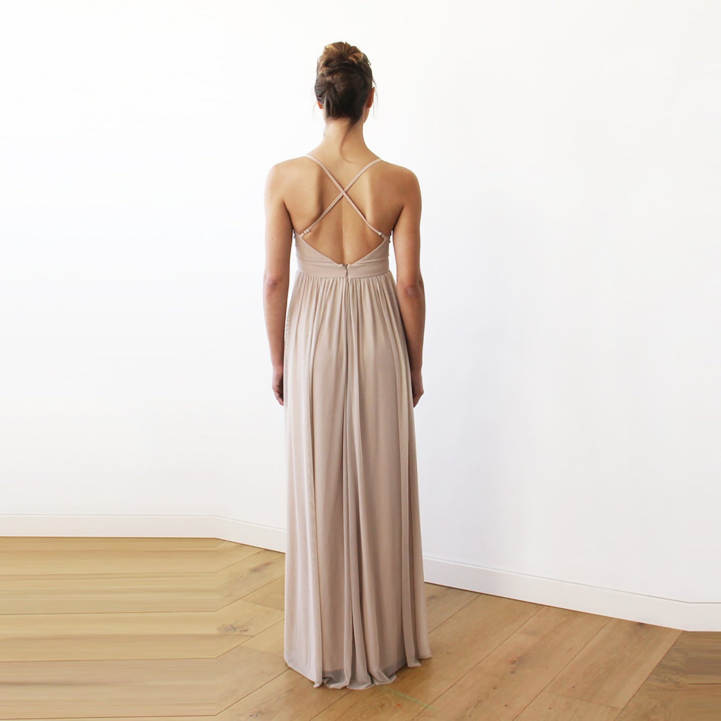 Vivienne champagne chiffon maxi gown, back view of the crisscross straps