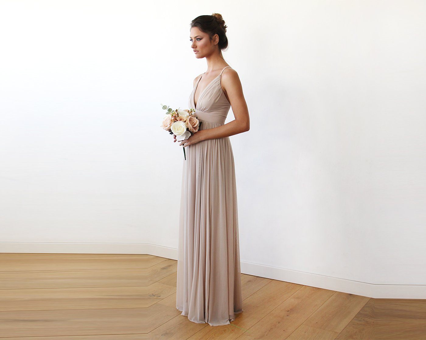 Vivienne champagne maxi gown shown full length on the model