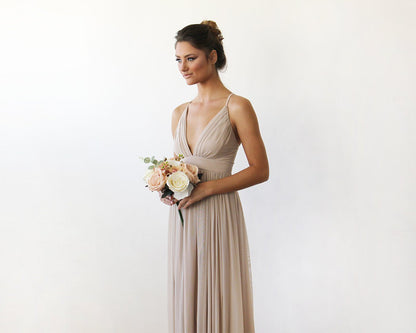 Vivienne champagne chiffon gown detail, triangle bodice and V neckline
