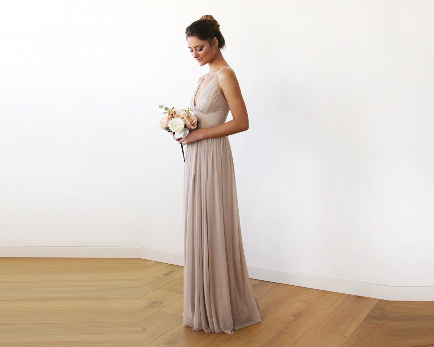 Vivienne champagne chiffon maxi gown size and measurement chart