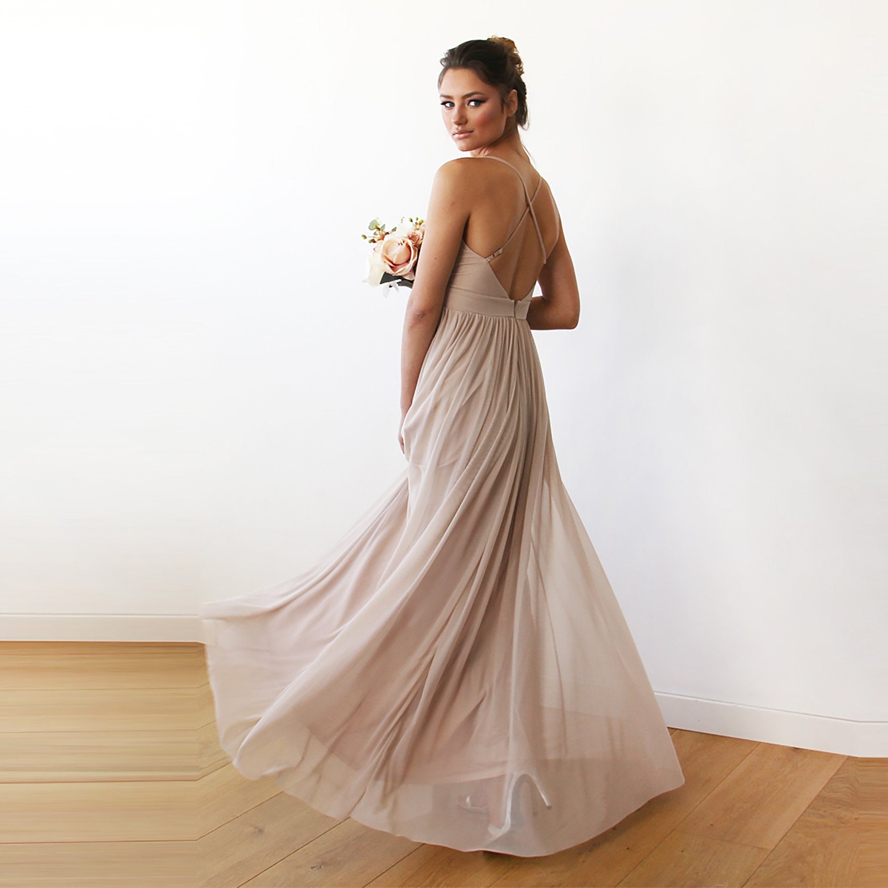 Vivienne champagne chiffon maxi gown, front view showing the fitted waist seam and floor-length skirt