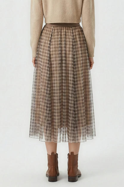 Plaid Tulle Midi Skirt
