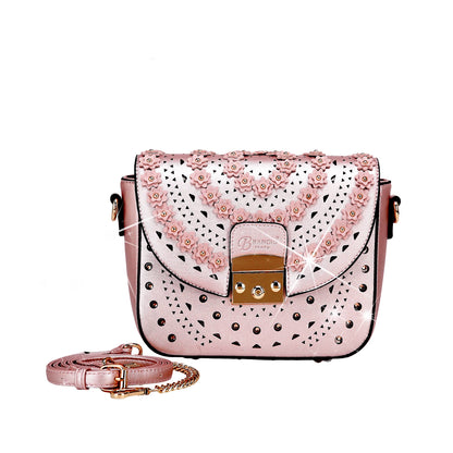 Celestial Star crystal crossbody bag in rosé with a removable strap and gold studs, by Pinup Girl Clothing