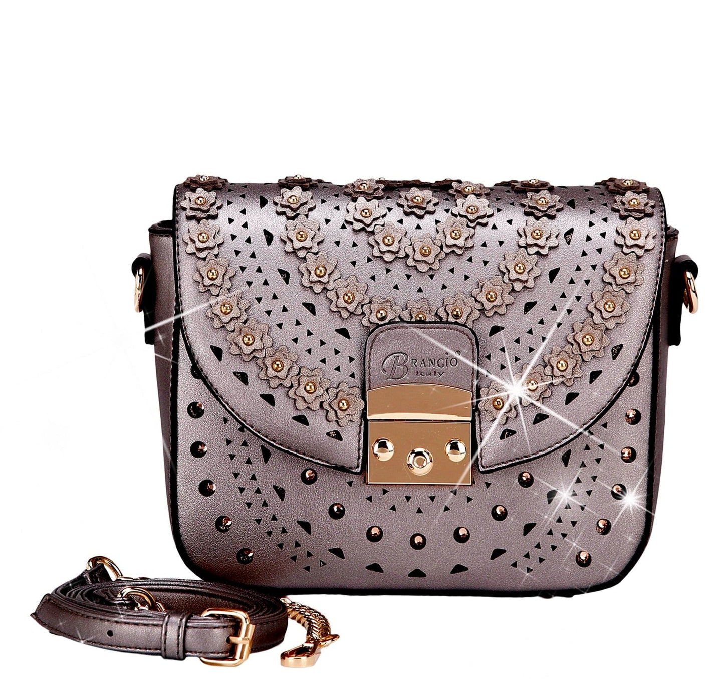 Celestial Star crystal crossbody bag in rosé with a removable strap and gold studs, by Pinup Girl Clothing