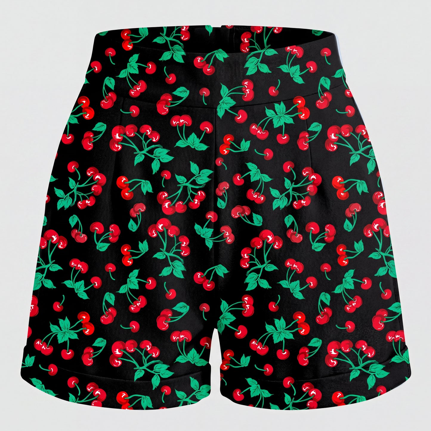 LB high-waisted shorts in black vintage cherries, ghost-mannequin view, by Pinup Girl Clothing.