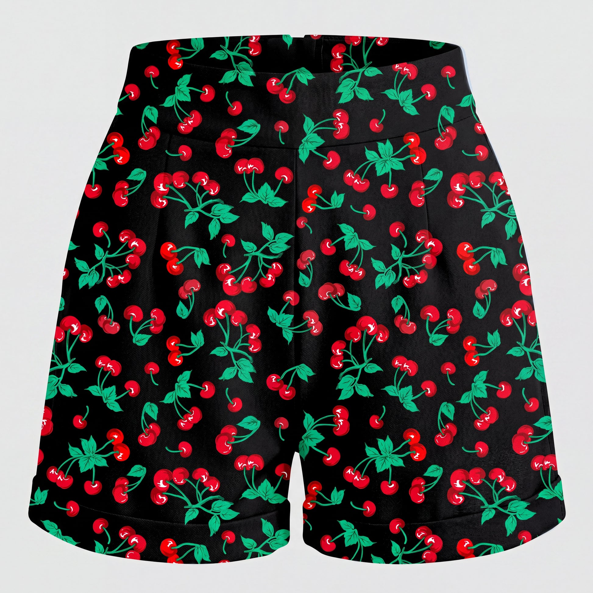 LB high-waisted shorts in black vintage cherries, ghost-mannequin view, by Pinup Girl Clothing.