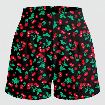LB high-waisted shorts in black vintage cherries, ghost-mannequin view, by Pinup Girl Clothing.