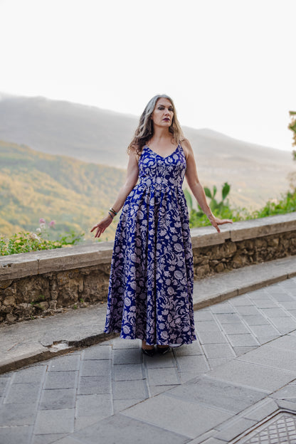 Amalie Ballerina Daytime Maxi Gown in Blue & White Capri Floral Crepe