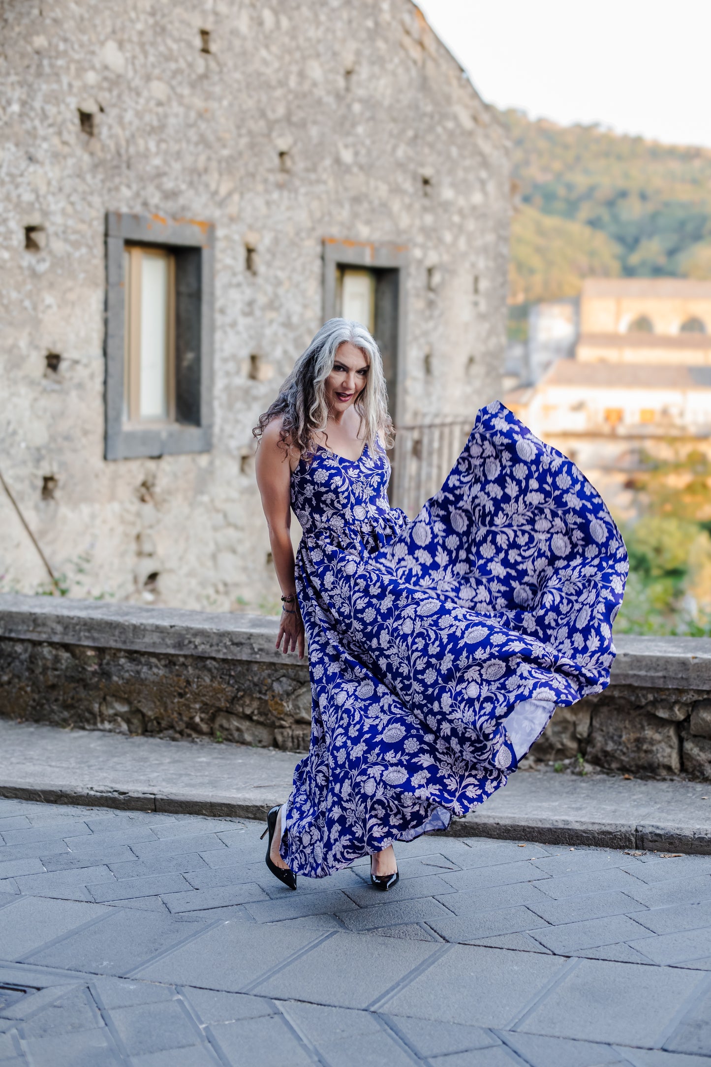 Amalie Ballerina Daytime Maxi Gown in Blue & White Capri Floral Crepe