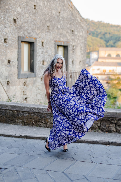 Amalie Ballerina Daytime Maxi Gown in Blue & White Capri Floral Crepe