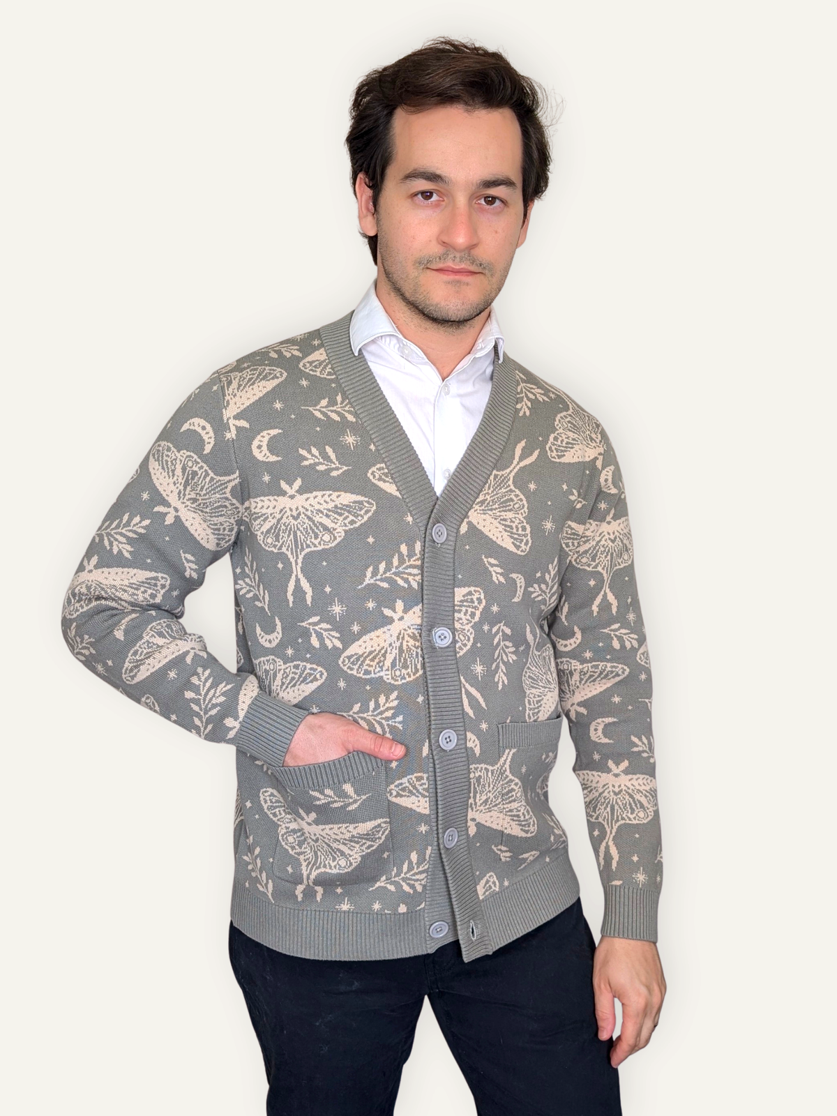 Luna Moth Cardigan, sage green luna moth print (view 4)