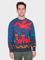 Medieval Fantasy Sweater, blue with red dragon and castle graphic (view 3)