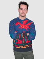 Medieval Fantasy Sweater, blue with red dragon and castle graphic (view 5)