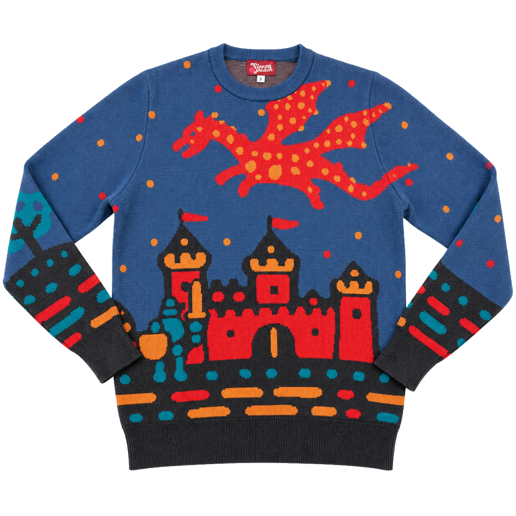 Medieval Fantasy Sweater, blue with red dragon and castle graphic