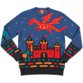 Medieval Fantasy Sweater, blue with red dragon and castle graphic