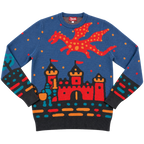 Medieval Fantasy Sweater, blue with red dragon and castle graphic
