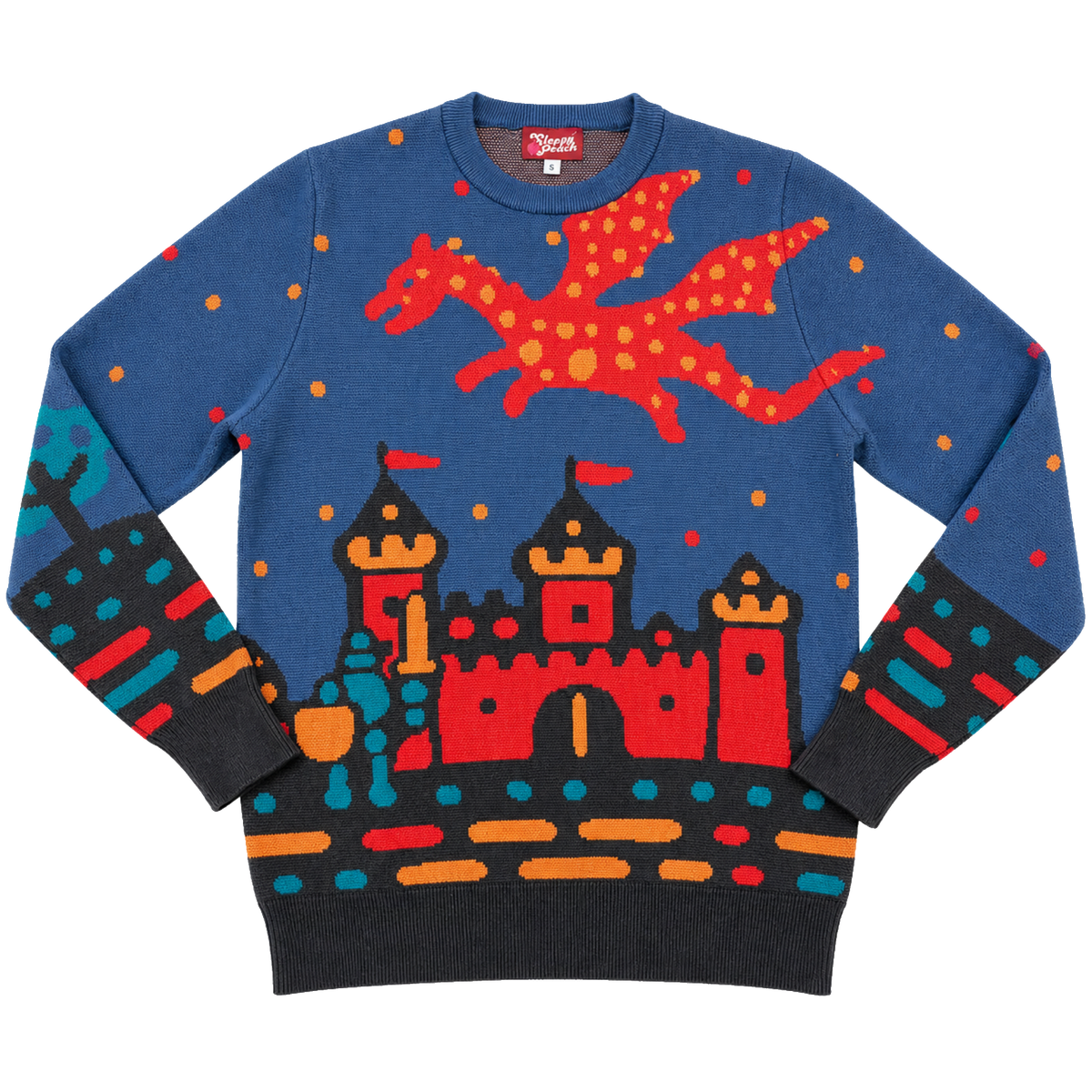Medieval Fantasy Sweater, blue with red dragon and castle graphic