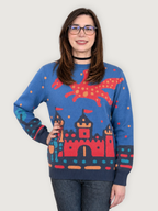 Medieval Fantasy Sweater, blue with red dragon and castle graphic (view 2)