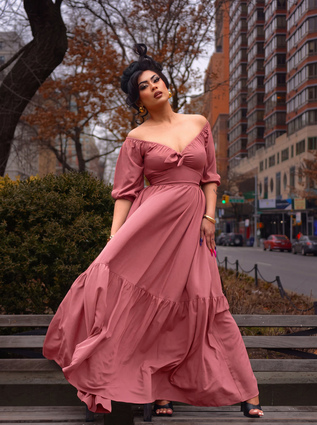 Molly Cottage 70s Maxi Gown in Mulberry Pink