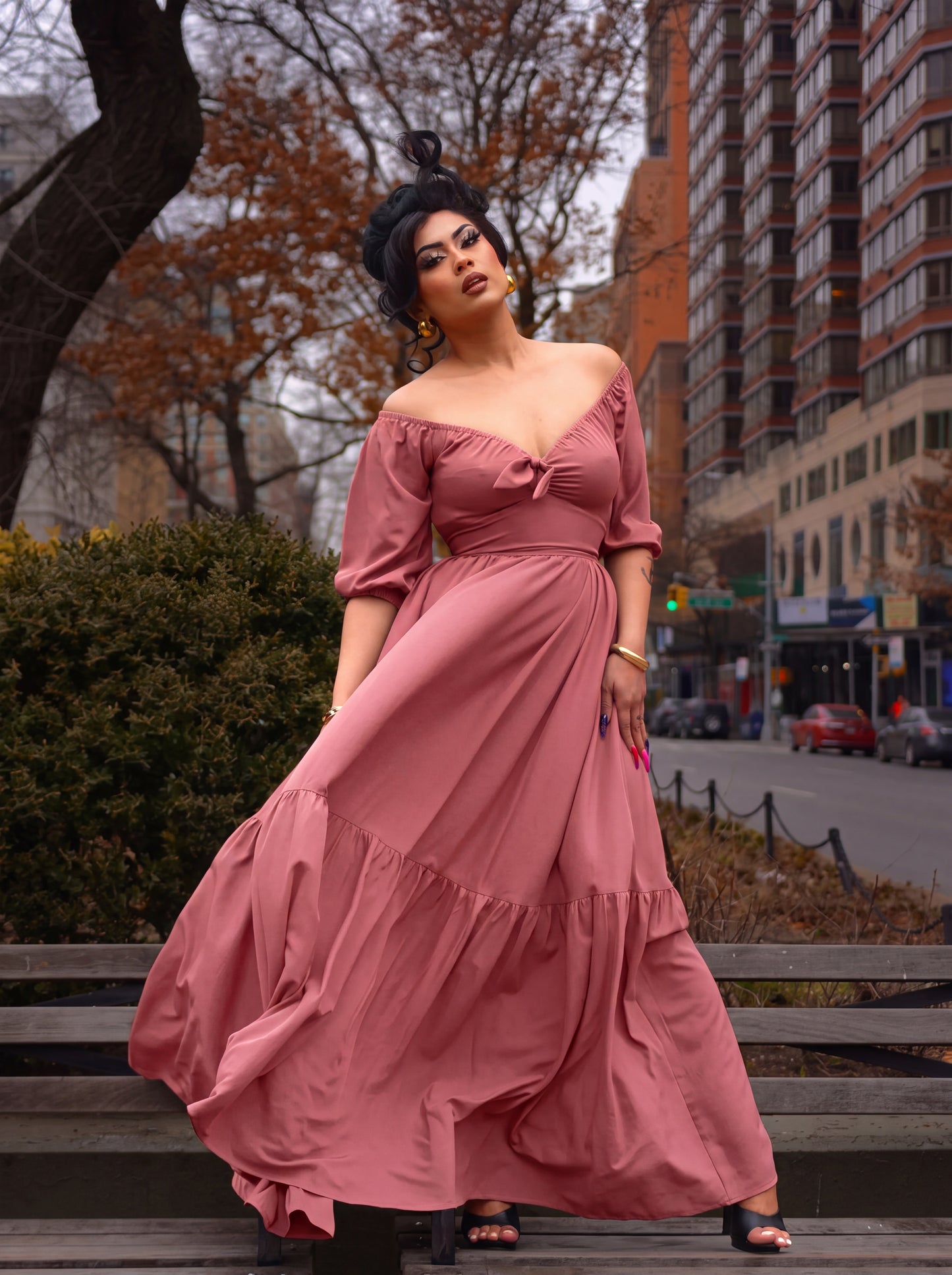 Molly Cottage 70s Maxi Gown in Mulberry Pink
