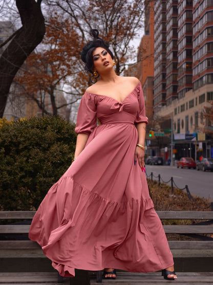 Molly Cottage 70s Maxi Gown in Mulberry Pink