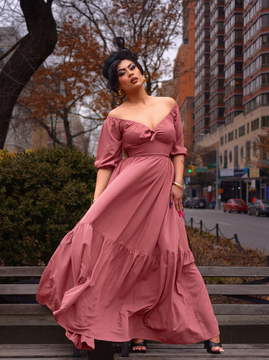 Molly Cottage 70s Maxi Gown in Mulberry Pink