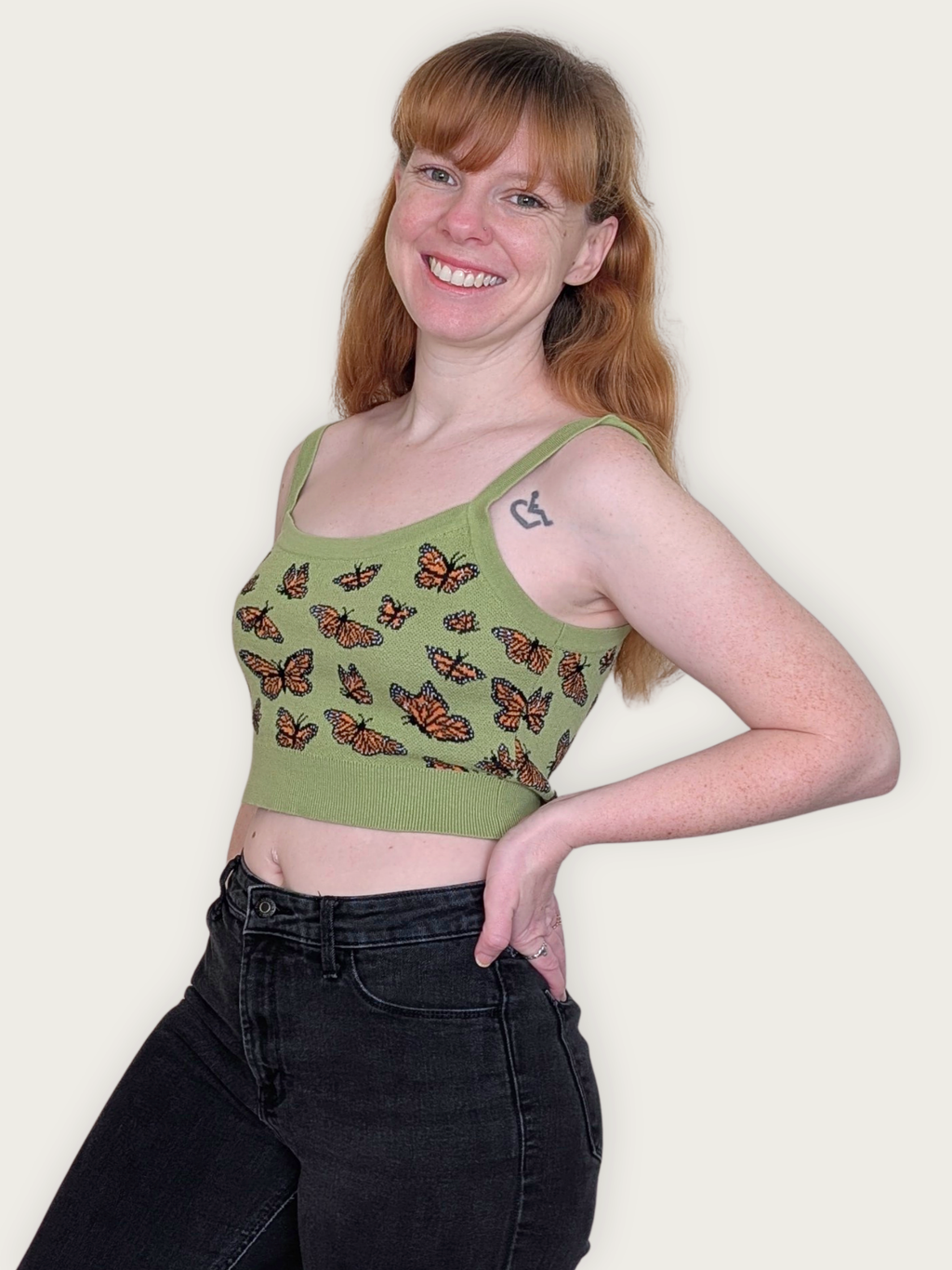 Monarch Butterfly Crop Top, sage green with orange monarch butterfly print (view 4)