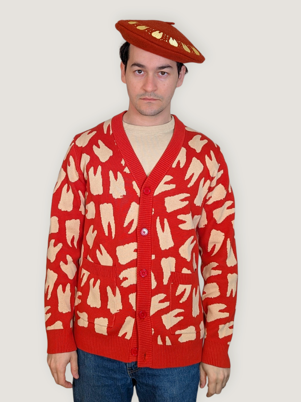 Nothing but the Tooth Beret, red wool with embroidered cream white teeth (view 2)